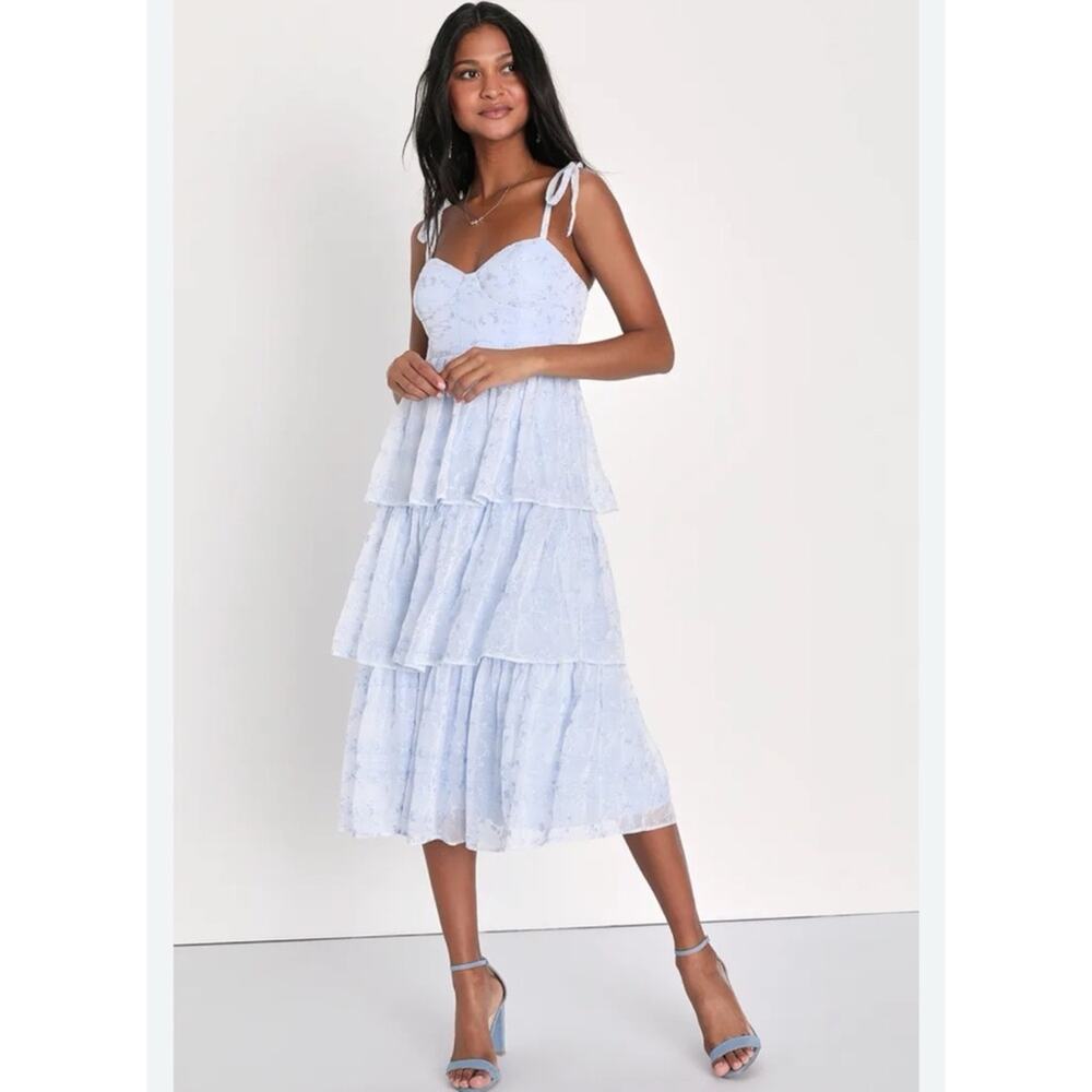Lulus Women Vineyard Visit Blue Tie-Strap Elegant Tiered Midi Dress Size XL